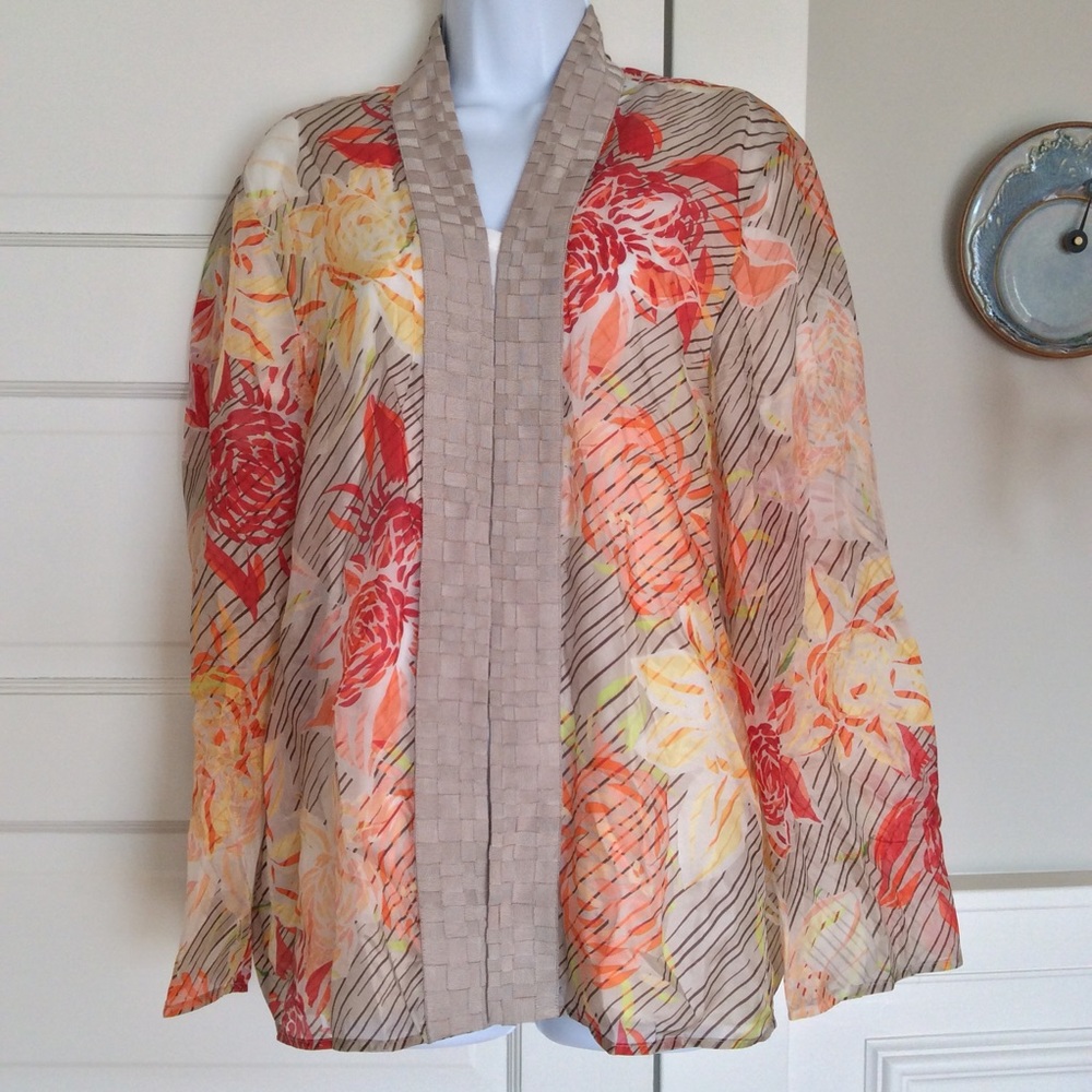 Chico’s sheer silk open weaved ribbon trim top Chicos size 3 or large
